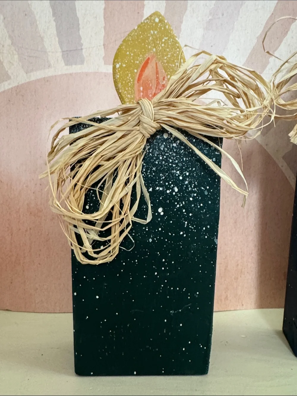 Decorative Wooden Candle Trio - Green Red & Blue with White Speckled Paint.
